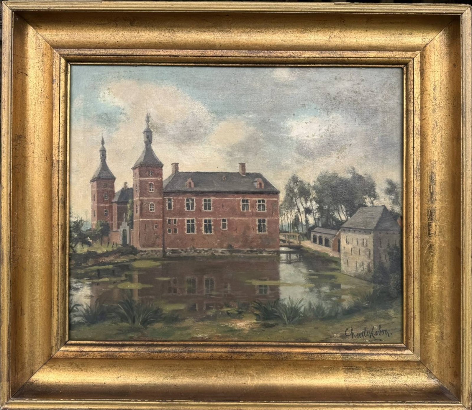 Antique Oil Painting on Wood “Castle View with Moat” – Charles Lebon (1906–1957)